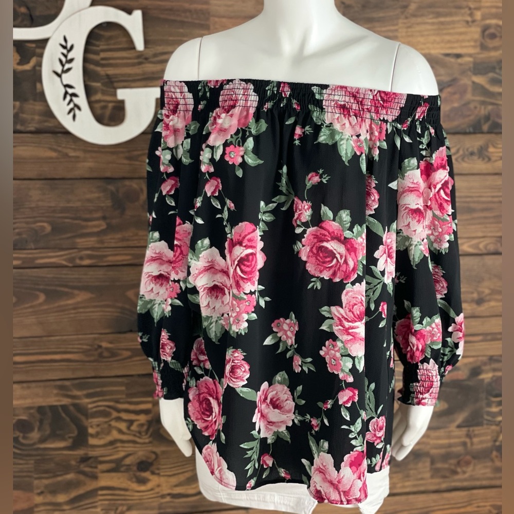 NY Collection | Smocked Off Shoulder Balloon Puff Sleeve Rose Floral Print Top